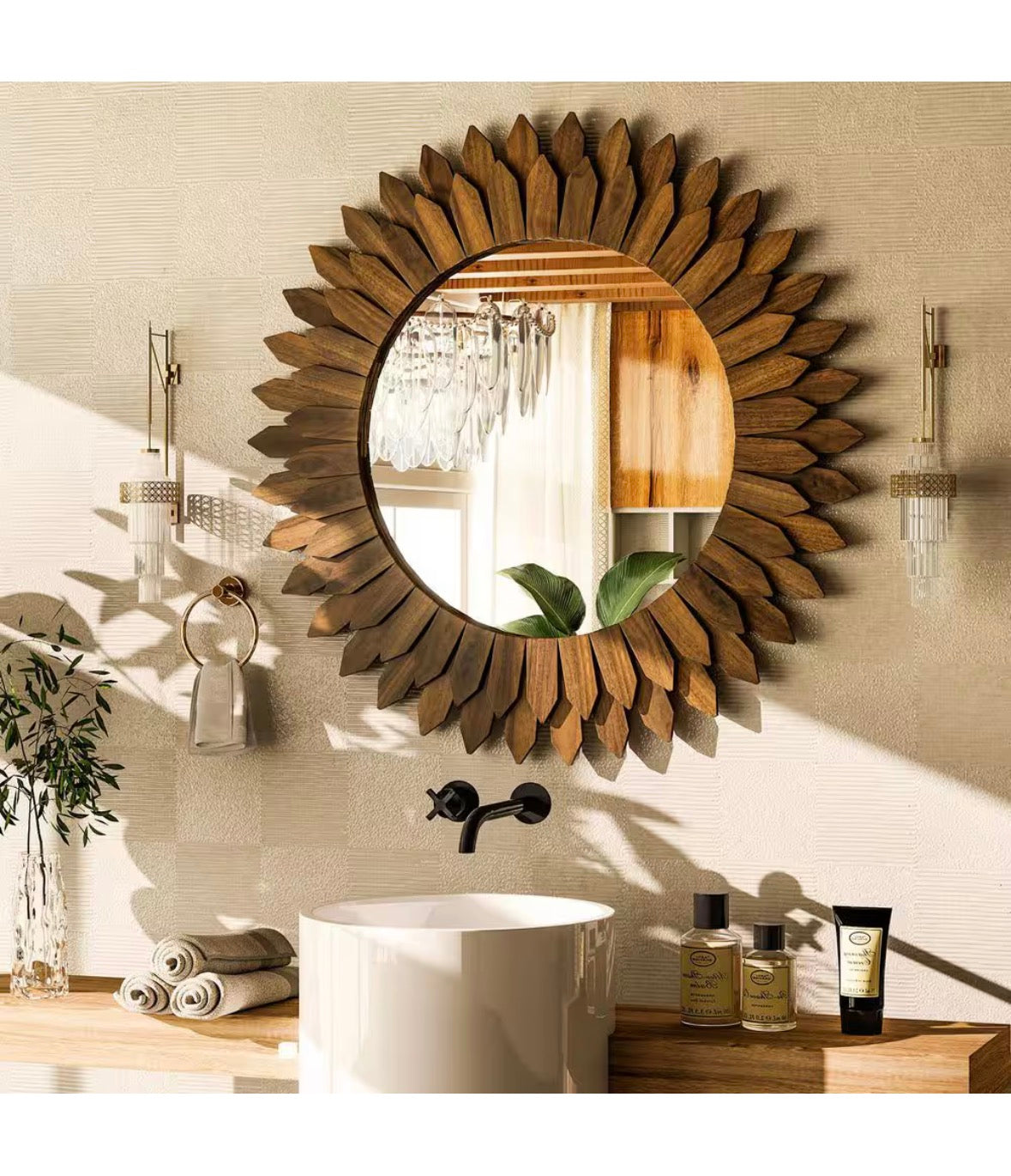 Dark Brown 24 in. W x 24 in. H Sunburst Wood Framed Vanity Mirror Wall Mirror