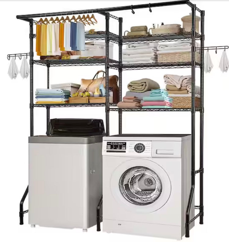 Over Washer and Dryer Storage Shelves, 6 Tiers Laundry Room Drying Rack with Hanger Rod and Hooks, Shelves Black (Copy)