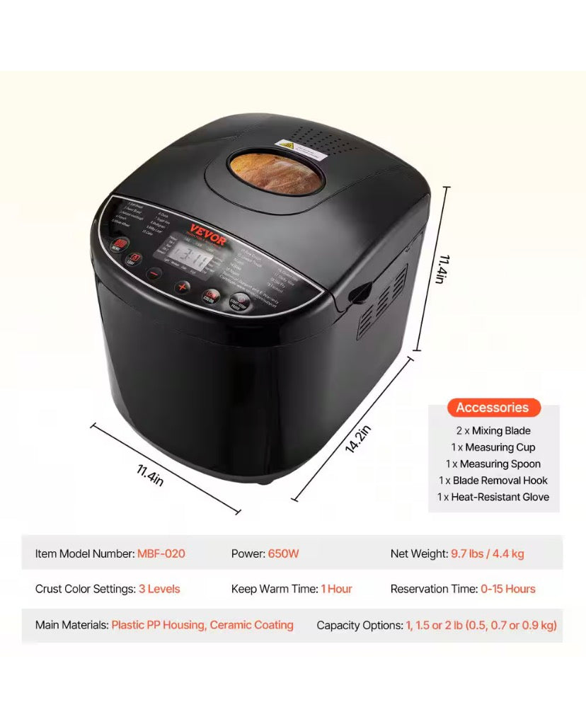 Bread Maker, 19-in.-1 2 LB. Dough Machine, Nonstick Ceramic Pan Automatic Breadmaker with Gluten Free Setting in Black