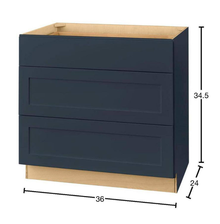 Avondale 36 in. W x 24 in. D x 34.5 in. H Ready to Assemble Plywood Shaker Drawer Base Kitchen Cabinet in Ink Blue