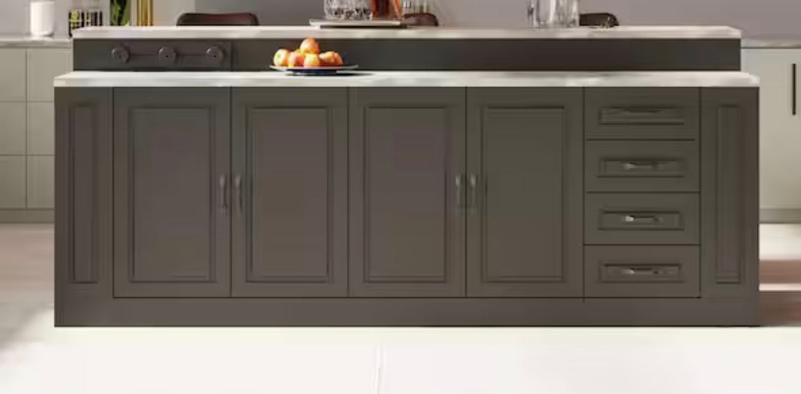 Black Wood Marble Woodgrain Finish 94.5 in. W Kitchen Island Dining Bar Table with Door Cabinet, 4 Drawers,Track Outlets