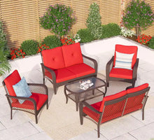 Load image into Gallery viewer, Black 5-Pieces Metal Patio Conversation Sectional Seating Set with CushionGuard Red Cushions
