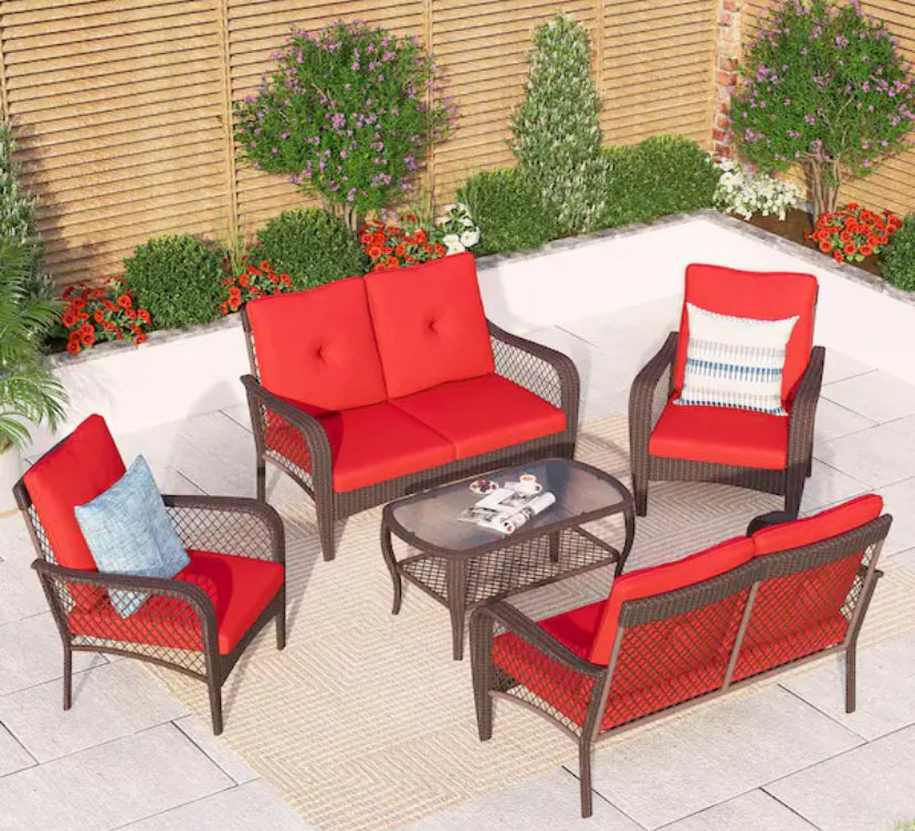 Black 5-Pieces Metal Patio Conversation Sectional Seating Set with CushionGuard Red Cushions