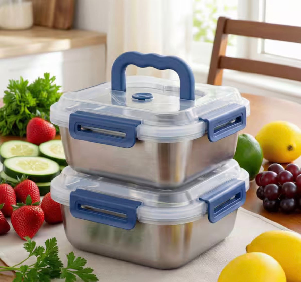 8PCS Extra Large Stainless Steel Food Storage Containers Airtight Blue Lids for Kitchen Organization