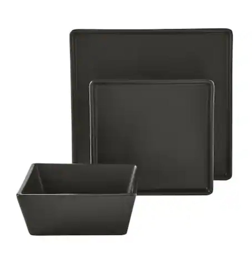Stone Lain Grace 12-Piece Dinnerware Set Stoneware, Service For 4, Black Matte