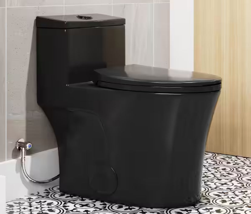 1-Piece 0.8/1.28 GPF Dual Flush Elongated Toilet in Black Seat Included