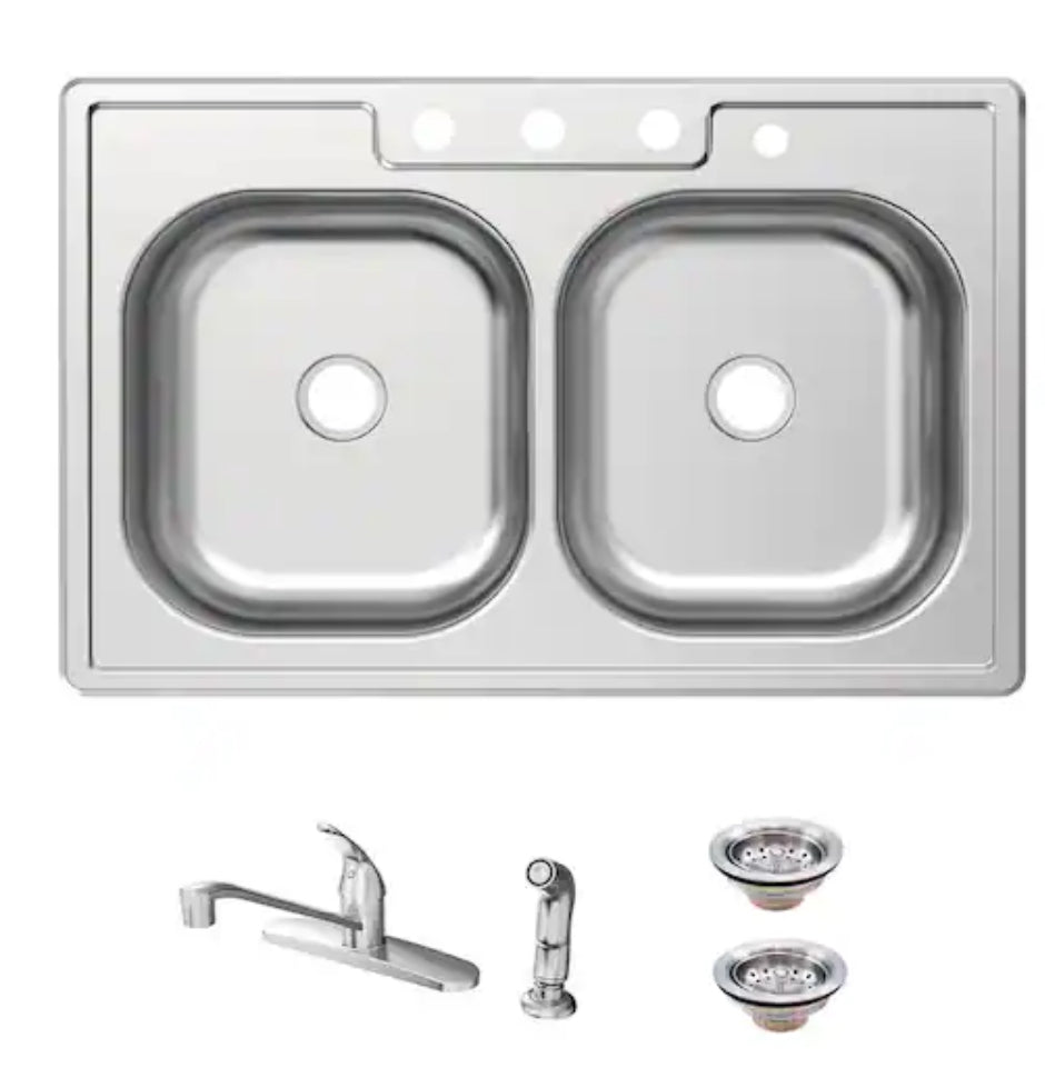 33 in. Drop-In 50/50 Double Bowl 20 Gauge Stainless Steel Kitchen Sink with Faucet and Sprayer