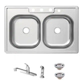 33 in. Drop-In 50/50 Double Bowl 20 Gauge Stainless Steel Kitchen Sink with Faucet and Sprayer