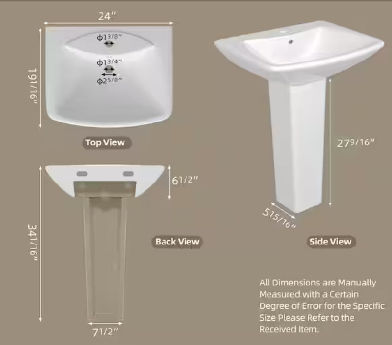 24 in. W x 19 in. D Vitreous China Vessel U Shape Pedestal Combo Bathroom Sink in White with Overflow Drain