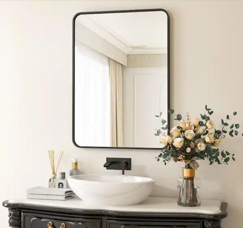 24 in. W x 36 in. H Rectangular Aluminum Alloy Framed Rounded Black Wall Mirror