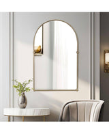 Gold 24 in. W x 38 in. H Arch Iron and Wood Wall Mirror with Knobs