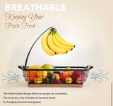 14 in. Metal Rectangular Fruit Basket with Banana Hanger and Wooden Base for Kitchen Counter, Black