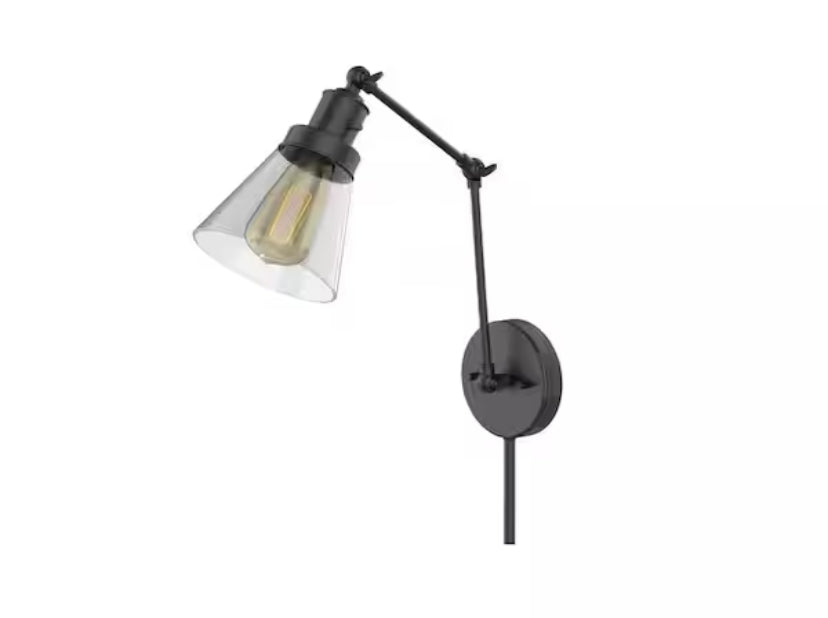 1-Light Black Plug-In or Hardwired Swing Arm Wall Lamp with 6 ft. Fabric Cord and Glass Shade