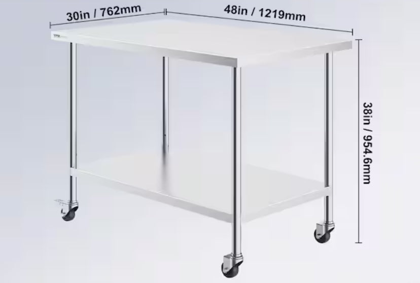 Stainless Steel Work Table 30 x 48 x 38 In., Silver Kitchen Prep Table with 4 Wheels, 3 Adjustable Height Levels