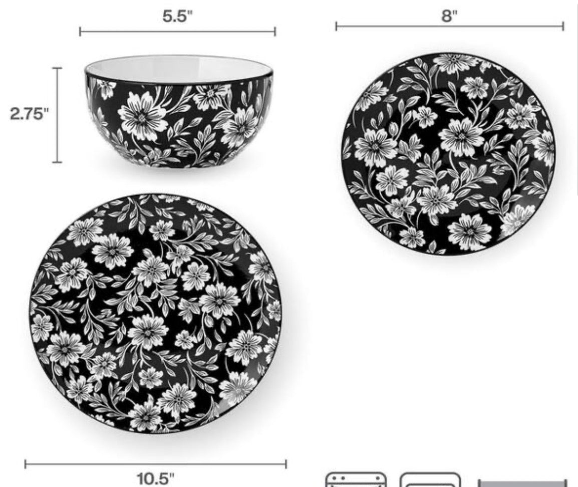 Midnight Blooms 12 Piece Floral Porcelain Dinnerware Set, Service for 4