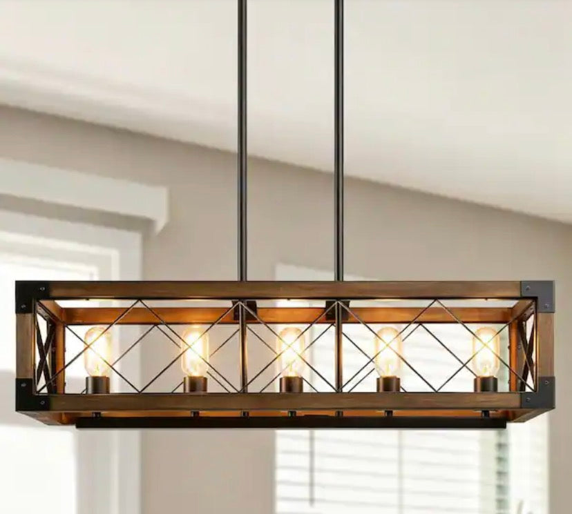 Wood Kitchen Chandelier 5-Light Linear Farmhouse Black Island Dining Room Chandelier Pendant with Rustic Rectangle Frame