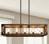 Wood Kitchen Chandelier 5-Light Linear Farmhouse Black Island Dining Room Chandelier Pendant with Rustic Rectangle Frame