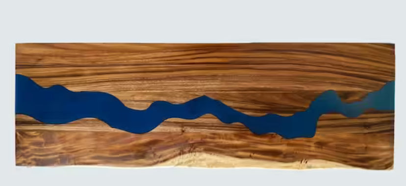 5 ft. L x 30 in. D UV Finished Saman Solid Wood Butcher Block Desktop Countertop with Live Edge and Blue Epoxy River