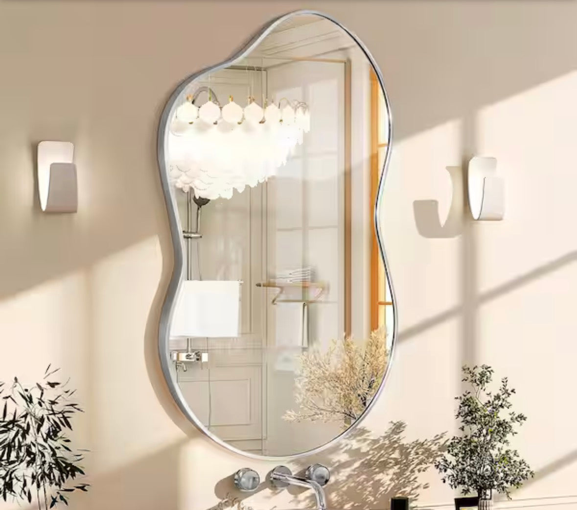 20 in. W x 36 in. H Asymmetrical Silver Aluminum Alloy Framed Wall Mirror Irregular Wall Mirror
