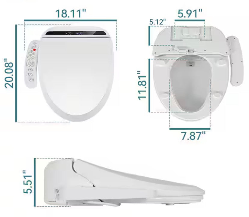 Electric Bidet Seat for Elongated Round Toilet in White with Remote Control, Heated Seat, Deodorizer and Nightlight