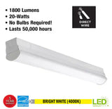 2 ft LED Garage Workshop Ceiling Strip Light Fixture Shop Light Hardwire 1800 Lumens 4000K Bright White