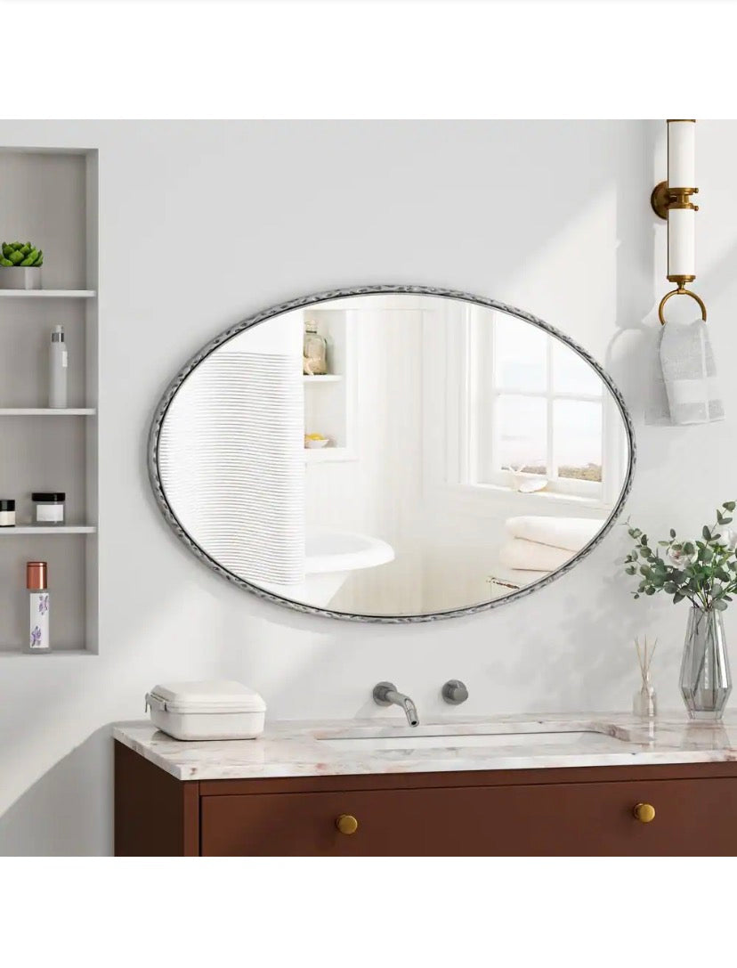Silver 26 in W x 39 in H Oval Antique Iron Wall Mirror, Retro Art Frame for Bathroom Bedroom Living Room