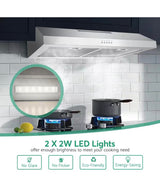 30 in. 600 CFM Convertible Ductless Under Cabinet Range Hood With 3 Speed Exhaust Fan and 2 LED Lights, Stainless Steel