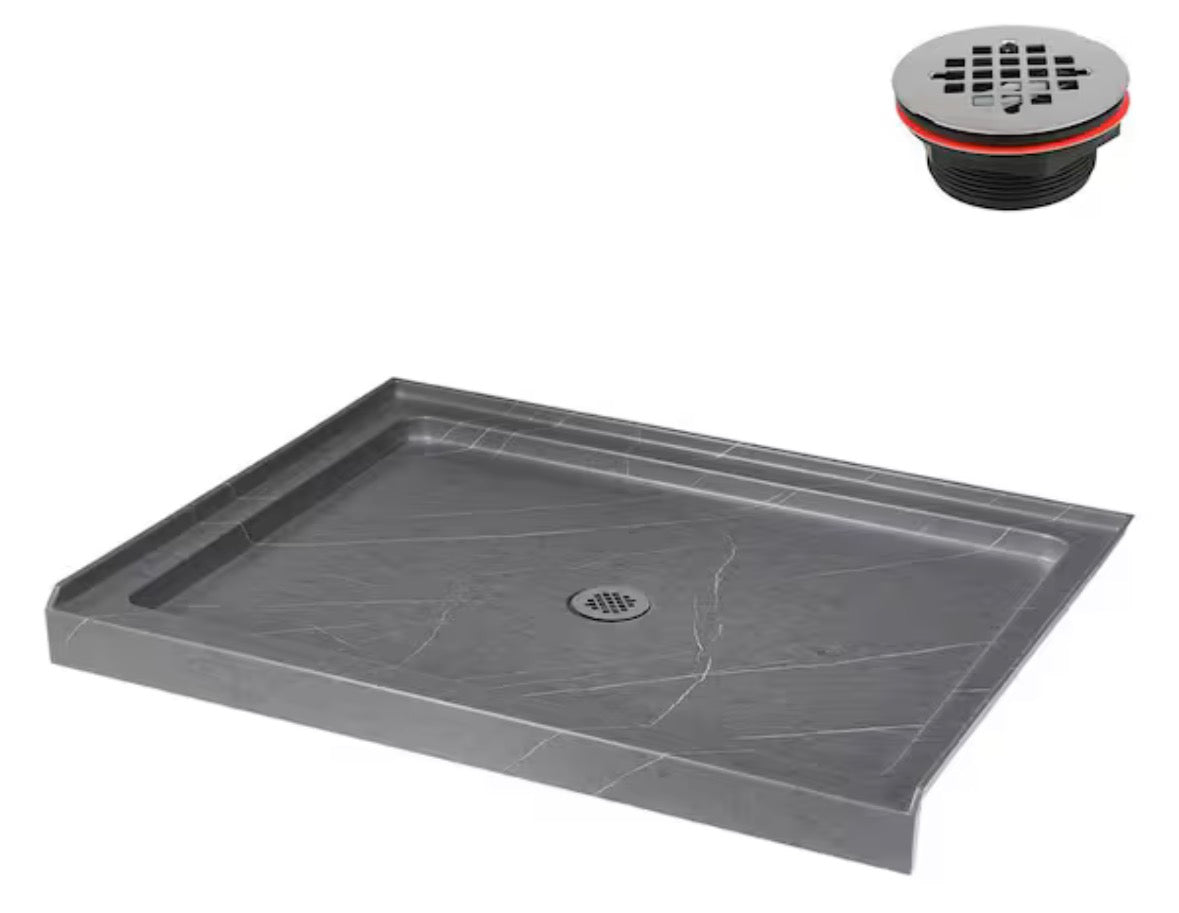 48 in. x 36 in. Alcove Acrylic Shower Pan Base in Matte Grey with Center Drain, Drain Included