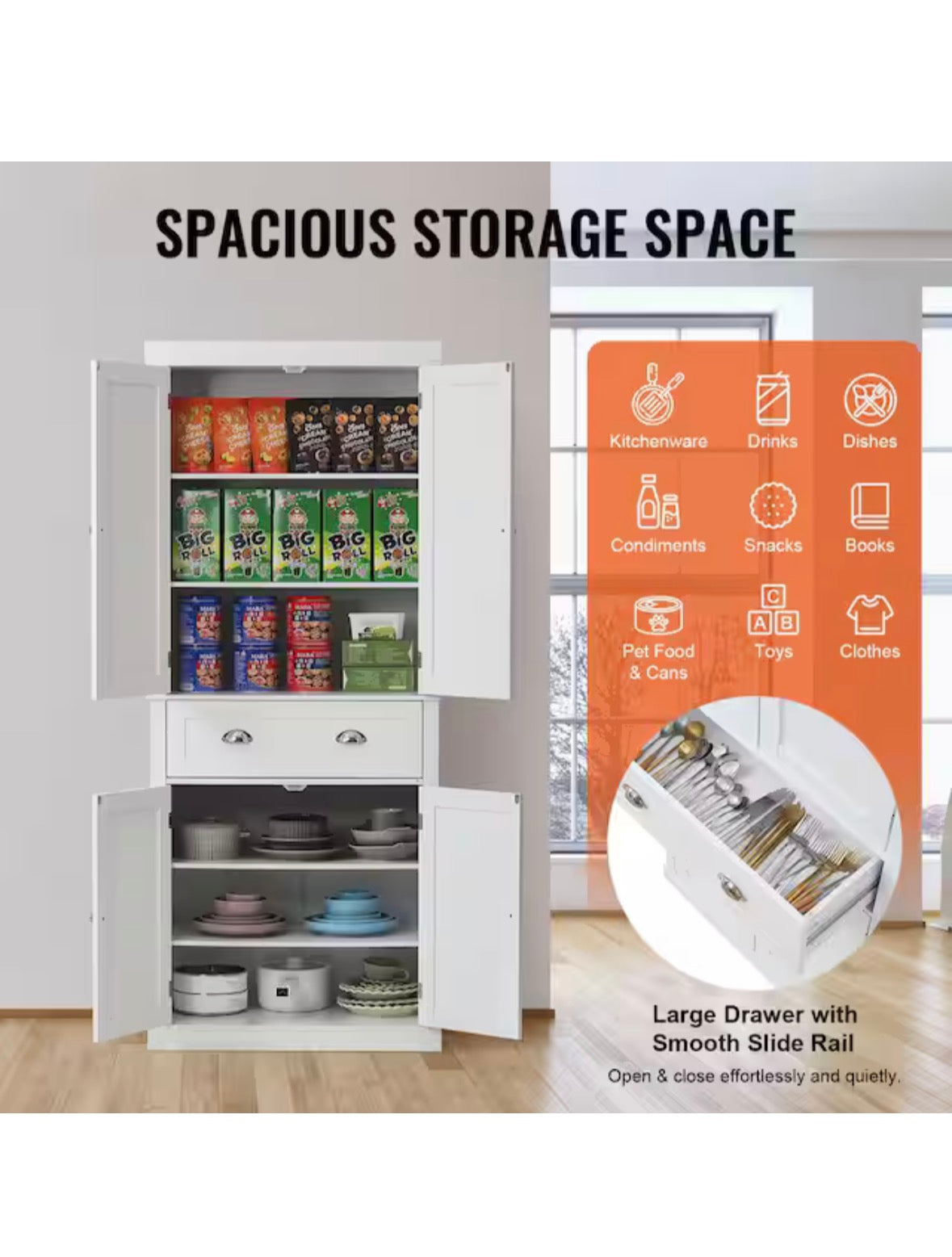 72 in. Storage Freestanding Utility Cabinets with 3 Adjustable Shelves Pearl White Tall Food Buffet Pantry Organizers