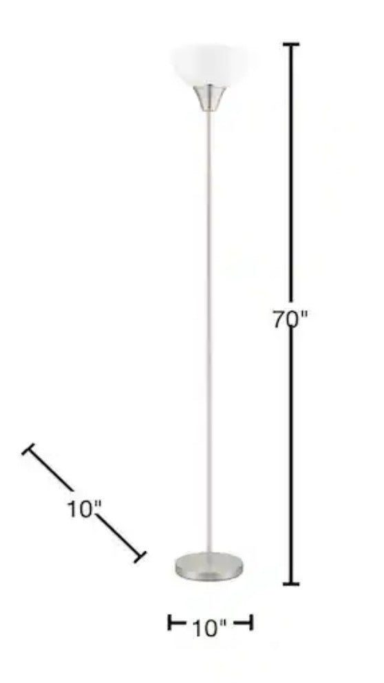 70 in. Brushed Nickel 1-Light Torchiere Floor Lamp with Plastic Shade
