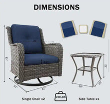 Load image into Gallery viewer, 3-Piece Wicker Swivel Outdoor Rocking Chairs Patio Conversation Set with Blue Cushions
