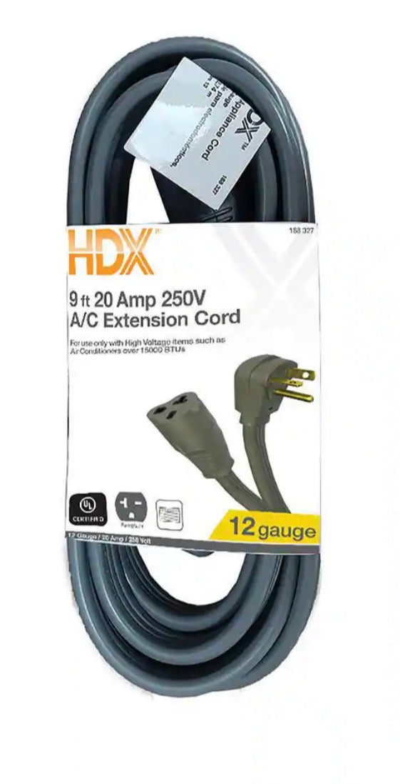 9 ft. 12/3 20 Amp 250-Volt Air Conditioner Extension Cord, Grey