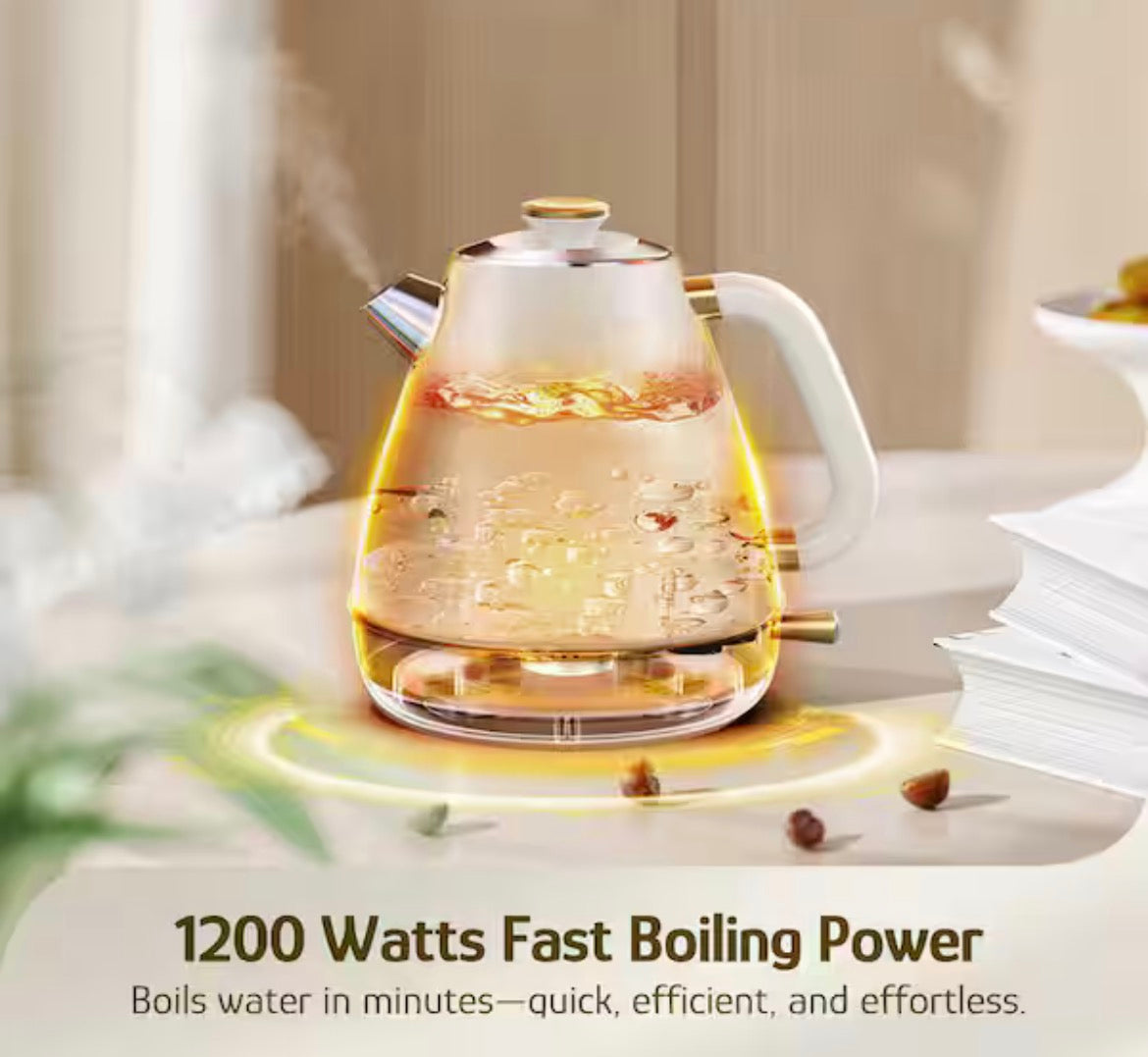 Pearl White Stainless Steel 57.5 fl. oz. Retro Electric Kettle with Thermometer 1200 W Cordless Off 3 of Cups