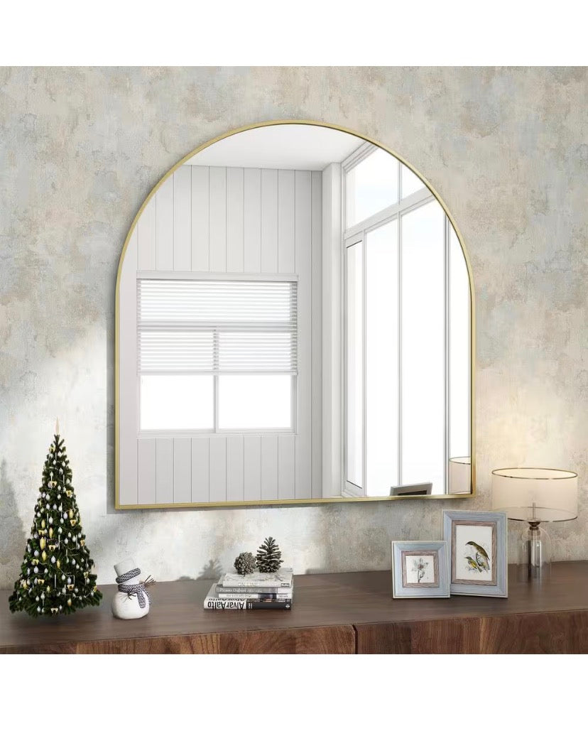 32 in. W x 34 in. H Arched Gold Modern Aluminum Alloy Framed Wall Mirror
