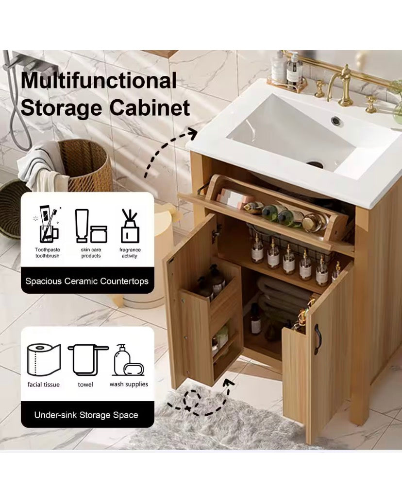 24 in. W Acacia Wood Single Sink Bath Vanity with White Ceramic Top, Flip Drawer, Door Shelves