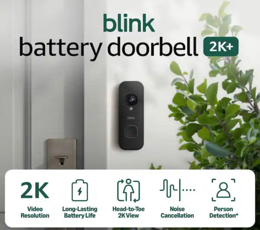 Battery Operated Doorbell 2K Plus (Black) Sync Module Core Included Wireless Video Doorbell,2K Resolution,Enhanced Audio