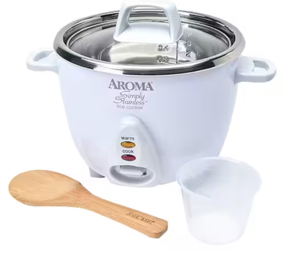 Simply 6-Cup Stainless Steel White Rice Cooker with Measuring Cup and Serving Spatula