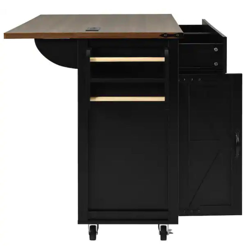 Black Kitchen Cart with Drop-Leaf, Built-in USB Ports and Outlets, 5 Wheels, Spice Rack, 2-Drawers
