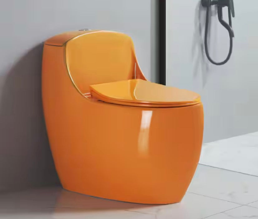 Compact 1-Piece Toilet, 1.6 GPF Single Flush Round Modern Toilet for Small Bathroom with Soft Close Toilet Seat, Orange