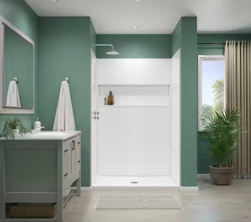 ShowerCast 48 in. L x 34 in. x 74 in. H Alcove Shower Kit with NexTile Shower Wall and Center Shower Pan in White