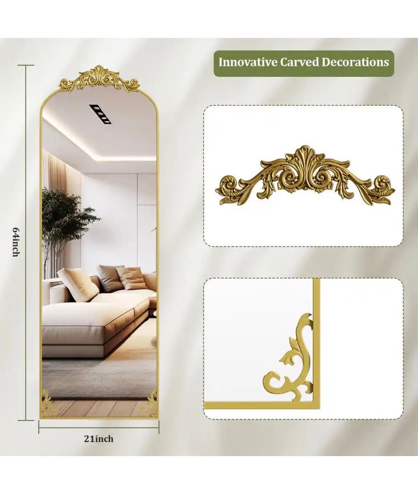 21 in. W x 64 in. H Arched Gold Metal Framed with Carved Decoration Full Length Mirror