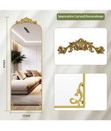 21 in. W x 64 in. H Arched Gold Metal Framed with Carved Decoration Full Length Mirror