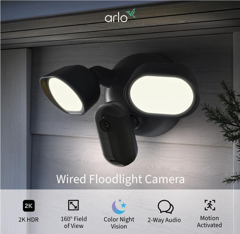 Outdoor Smart Hardwired Floodlight 2K HDR Security Camera with 160-Field of View, 2-Way Talk, Color Night Vision, Black