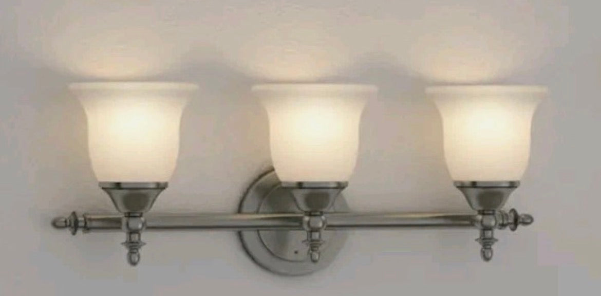Olgelthorpe 22 in. 3-Light Brushed Nickel Bathroom Vanity Light Fixture with Bell Shaped Frosted Glass Shades