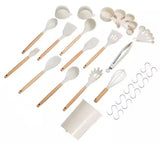 Kitchen Cooking Utensils Set, 33 Pieces Silicone Spatula Set with Holder, 428Â°F Heat Resistant, Wooden Handle, White