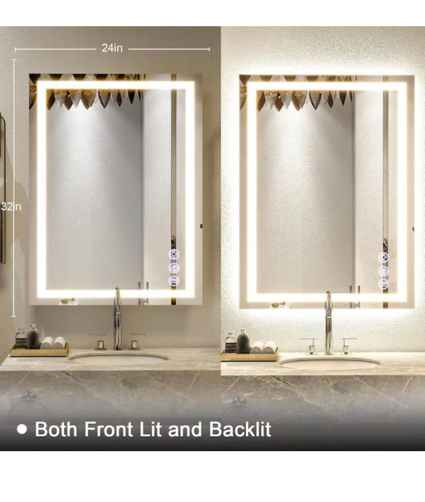 24 in. W x 32 in. H LED Light Anti-Fog Rectangular Modern Frameless White Wall Mirror