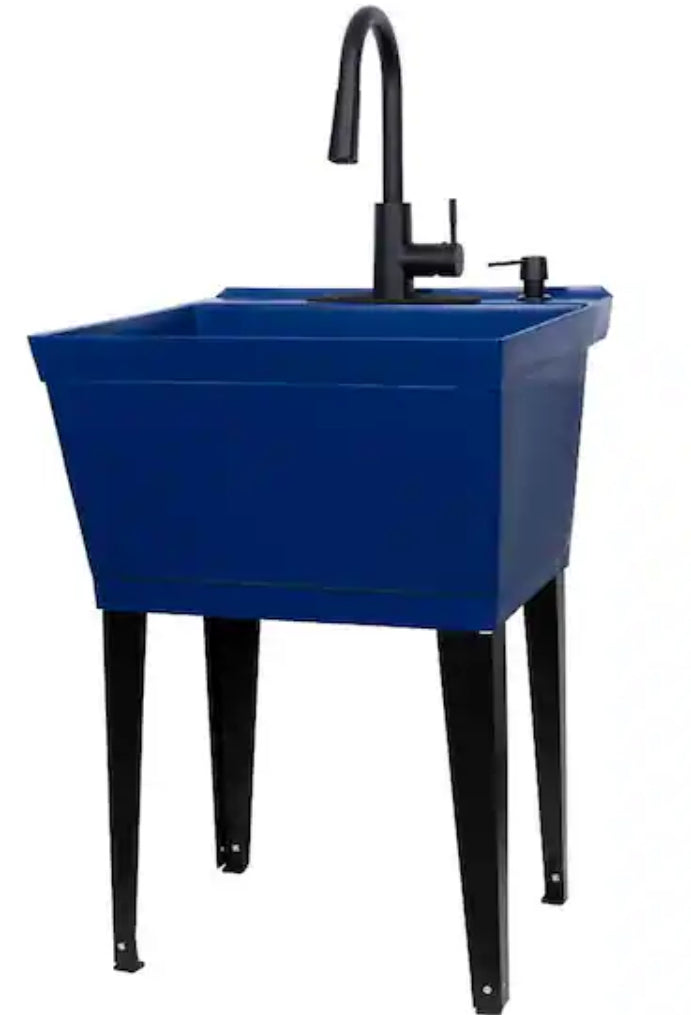 Complete 22.875 in. x 23.5 in. Blue 19 gal. Utility Sink Set with Black Metal Hybrid Faucet and Soap Dispenser