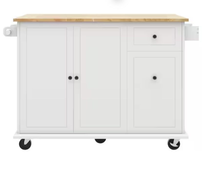 White Wood 54 in. Kitchen Island Cart on Wheels with Drop Leaf Pull Out Cabinet Organizer with Spice Rack, Towel Rack