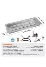 24 x 8 in Drop-in Fire Pit Pan, Rectangular Stainless Steel Fire Pit Burner Kit, Propane Gas Fire Pan 120,000 BTU