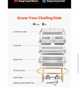 Chafing Dish Buffet Set, 8 qt. 4-Pack, Gold, Stainless Steel Chafing Dishes and Accessories, 4 Half Size Pans, Rectangle